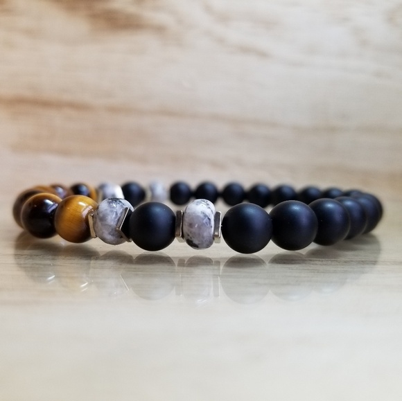 Tiger Eye & Black Onyx Beaded Gemstone Bracelet - Picture 3 of 6